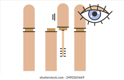 Tube of mascara icon.Closed, open with a brush, with an eye mascara tube. Simple instructions for using set.Editable Stroke. Vector illustration EPS 10. 