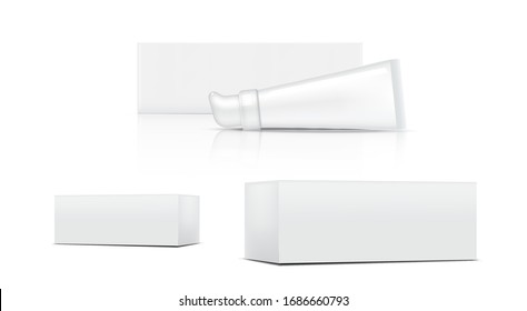 Tube Mock up Realistic Cosmetic and 3 Box Side for Skincare merchandise on isolated White Background Illustration. Health Care and Medical Concept Design.