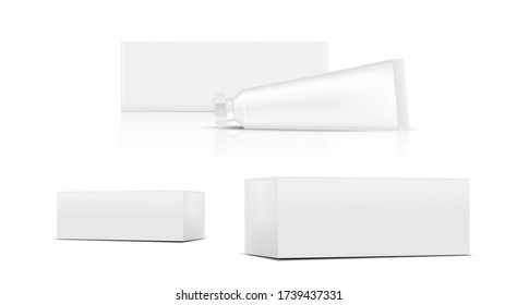 Tube Mock up Realistic Cosmetic and Box 3 Side for Skincare merchandise on isolated White Background Illustration. Health Care and Medical Concept Design.