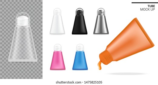 Tube Mock up Realistic Transparent, Black and White Cosmetic or Sauce Food. Health care and Medical Product Packaging for Cream, Serum, Oil or Lips Balm Template Set for Skincare. Background Vector