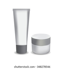 Tube mock-up for cosmetic cream, tooth paste, gel, sauce, paint, glue. Packaging collection. Cosmetic bottles for cream, gel, powder, white and grey color.