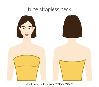 Tube neckline strapless clothes character beautiful lady in yellow top, shirt, dress technical fashion illustration with fitted body. Flat apparel template front, back sides. Women, men CAD mockup