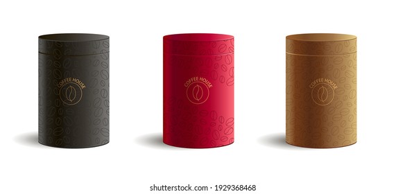 Tube package mockup with coffee beans pattern and logo in gold, presentation 3d product in tree color, isolated