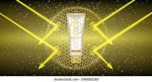Tube packaging sunscreen advertise for marketing with gold glitter. Shield protect skin from UV. UV sunblock product design.