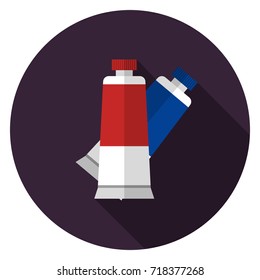 Tube of paint icon. Illustration in flat style. Round icon with long shadow.