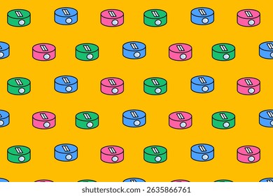 tube pencil sharpener school stationery colorful seamless pattern on yellow background. circle wrinkle pencils doodle decoration pattern background kids, school, college, science