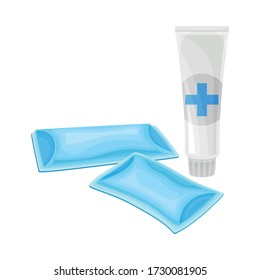 Tube of Pharmaceutical Substance and Sterile Bandage Packaging for First Aid Treatment Vector Illustration
