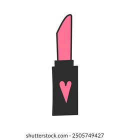 Tube of Pink Lipstick Doodle Icon. Hand drawn makeup symbol. Decorative cosmetics element with heart shape. Isolated vector illustration