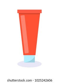 Tube red with cream, poster with container and liquid inside, product with vitamins, skincare and bodycare, vector illustration isolated on white
