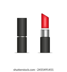 A tube of red lipstick black color plastic isolated on white background, blank cosmetic accessory realistic vector 3d mockup, set of open and close packing tubes makeup product.