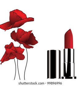 tube of red lipstick and three red poppies