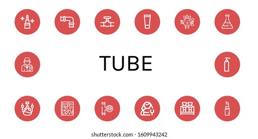 tube simple icons set. Contains such icons as Lipstick, Pipe, Gel, Scientific, Flask, Hookah, Beauty, Valve, Plumber, can be used for web, mobile and logo