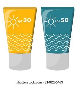 A tube of spf 30 and spf 50 sunscreen, yellow and turquoise colors. Isolates