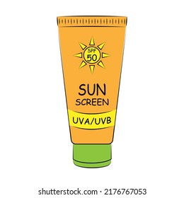 A tube of SPF 50 sunscreen to prevent aging and skin cancer. Flat vector icon