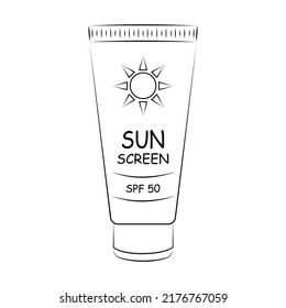 A tube of SPF 50 sunscreen to prevent aging and skin cancer. Linear icon