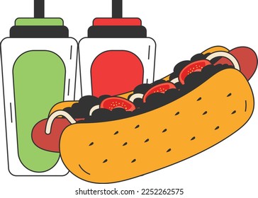 tube steak with different sauces bottle vector icon design, Fast Food symbol, Junk food sign, popular inexpensive good taste snacks stock illustration, hot dog with added mustard as condiment concept