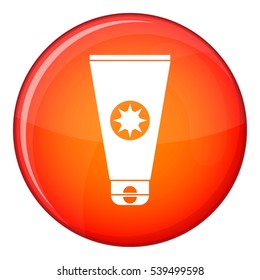 Tube with sunbathing cream icon in red circle isolated on white background vector illustration