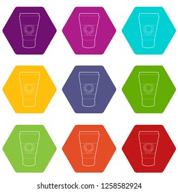 Tube with sunbathing cream icons 9 set coloful isolated on white for web