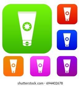 Tube with sunbathing cream set icon in different colors isolated vector illustration. Premium collection