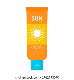 Tube of sunscreen. bright orange packaging with sun icon. vector illustration isolated on white background