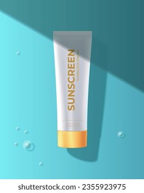 Tube of sunscreen cream. Cosmetic product covered shadow on blue background.