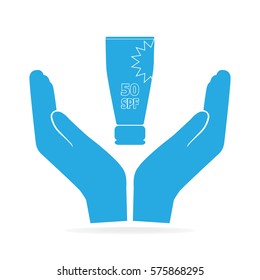 Tube of sunscreen cream in hand icon, sunblock SPF 50, protection skin health concept