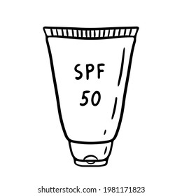 Tube of sunscreen isolated on white background. Lotion 50 SPF for protection from ultraviolet light. Vector hand-drawn illustration in doodle style. Perfect for your project, card, decorations.