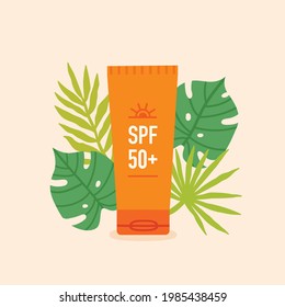Tube of sunscreen lotion in a tropical leaves. Vector illustration