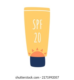 Tube of sunscreen SPF 20. Moisturizing face and body lotion with skin protection from UV rays, uva, uvb. Sunscreen protection and sun safety. Vector illustration in flat style