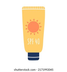Tube of sunscreen SPF 40. Moisturizing face and body lotion with high skin protection against UV rays, uva, uvb. Sunscreen protection and sun safety. Vector illustration in flat style