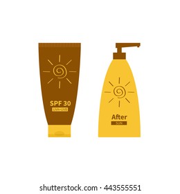Tube of sunscreen suntan cream. After sun lotion. Plastic bottle set. Solar defence. SPF sun protection factor. UVA UVB sunscreen. Isolated White background Flat Vector