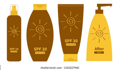 Tube of sunscreen suntan oil cream. After sun lotion. Bottle set. Solar defence. Spiral sun sign symbol icon set line. SPF 15 20 30 sun protection factor. White background. Flat design. Vector