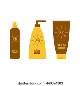 Tube of sunscreen suntan oil cream. After sun lotion. Bottle set. Solar defence. Spiral sun sign symbol icon. SPF 15 30 sun protection factor. UVA UVB sunscreen. Isolated White background. Flat Vector