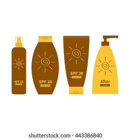Tube of sunscreen suntan oil cream. After sun lotion. Bottle set. Solar defence. Spiral sun sign symbol icon. SPF 15 20 30 sun protection factor. White background. Flat Vector