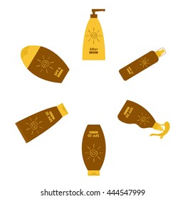 Tube of sunscreen suntan oil cream. After sun lotion. Bottle set. Solar defence. Spiral sun sign symbol icon. SPF different sun protection factor. UVA UVB sunscreen. Round frame. Isolated Flat Vector