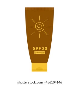 Tube of suntan cream. After sun lotion. Bottle dispenser. Solar defence. SPF 30 sun protection factor. UVA UVB sunscreen. Isolated. White background. Flat design. Vector illustration