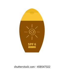 Tube of suntan cream. Sun lotion. Bottle dispenser. Solar defence icon. SPF 6 sun protection factor. UVA UVB sunscreen. Isolated. White background. Flat design. Vector illustration