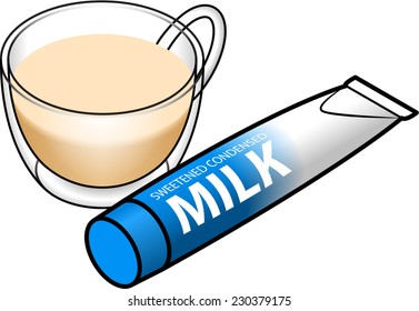 A tube of sweetened condensed milk with a cup of milky coffee.