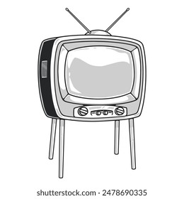 Tubo de TV etiqueta vintage monocromo con cinescopio convexo y antena que sobresale para recibir la señal de la Ilustración vectorial del operador de televisión