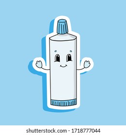 Tube of toothpaste. Bright color sticker. Cartoon character. Vector illustration. Design element. With white contour.