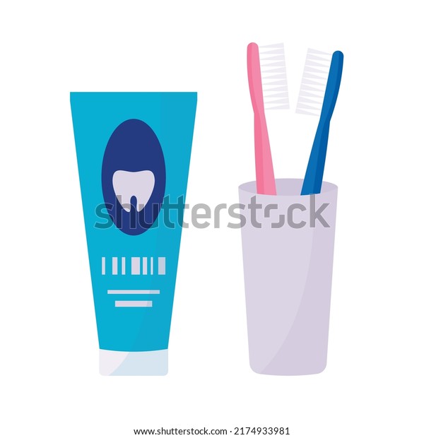 Tube Toothpaste Couple Teeth Brushes Glass Stock Vector (Royalty Free