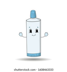 Tube of toothpaste. Cute character. Colorful vector illustration. Cartoon style. Isolated on white background. Design element.
