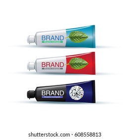 Tube of toothpaste in different colors. Vector illustration of realistic tubes on white background.