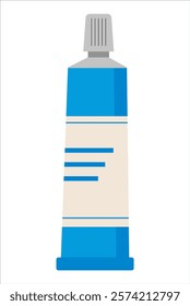 A tube of toothpaste is shown in a blue and white color scheme. The tube is sitting on a white background