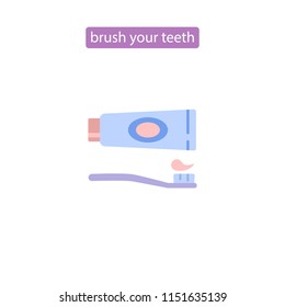 Tube of toothpaste and tooth brush in flat style icon, isolated on white background. Dental hygiene symbol for info graphics, websites and print media. Vector.