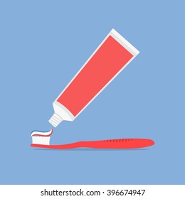 Tube of toothpaste and tooth brush in flat style isolated on white background. Vector