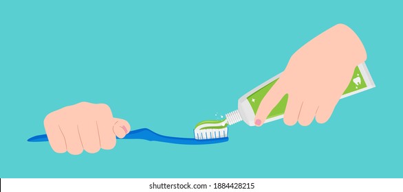 Tubo de pasta dental y cepillo de dientes en manos, cuidado de dientes. Ilustración vectorial.