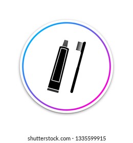 Tube of toothpaste and toothbrush icon isolated on white background. Circle white button. Vector Illustration