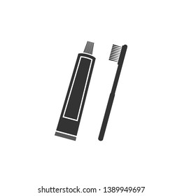 Tube of toothpaste and toothbrush icon isolated. Flat design. Vector Illustration