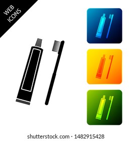 Tube of toothpaste and toothbrush icon isolated on white background. Set icons colorful square buttons. Vector Illustration